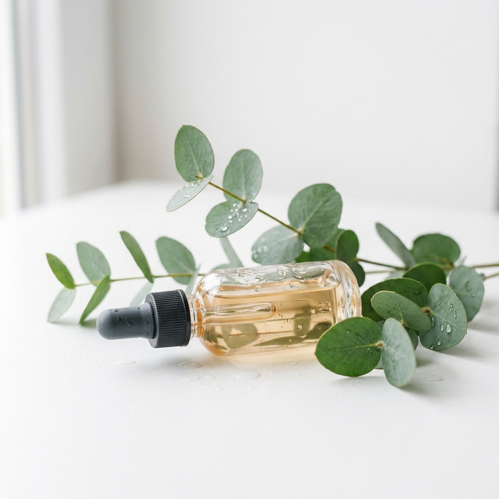 Botanical face serum bottle on white surface with green leaves